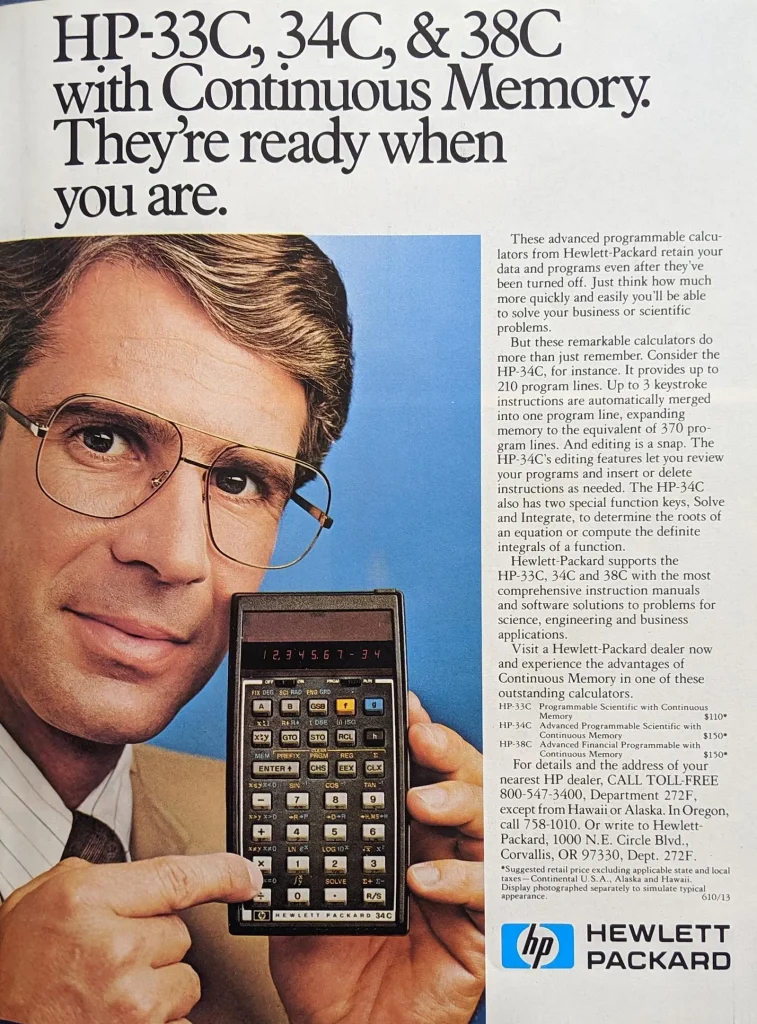 Factory reset. Image of an old Hewlett Packard ad in a magazine with the headline, "HP-33C, 34C, & 38C with Continuous Memory. They're ready when you are."