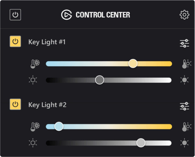 Screenshot showing the Elgato Control Center app, with two Key Lights connected.