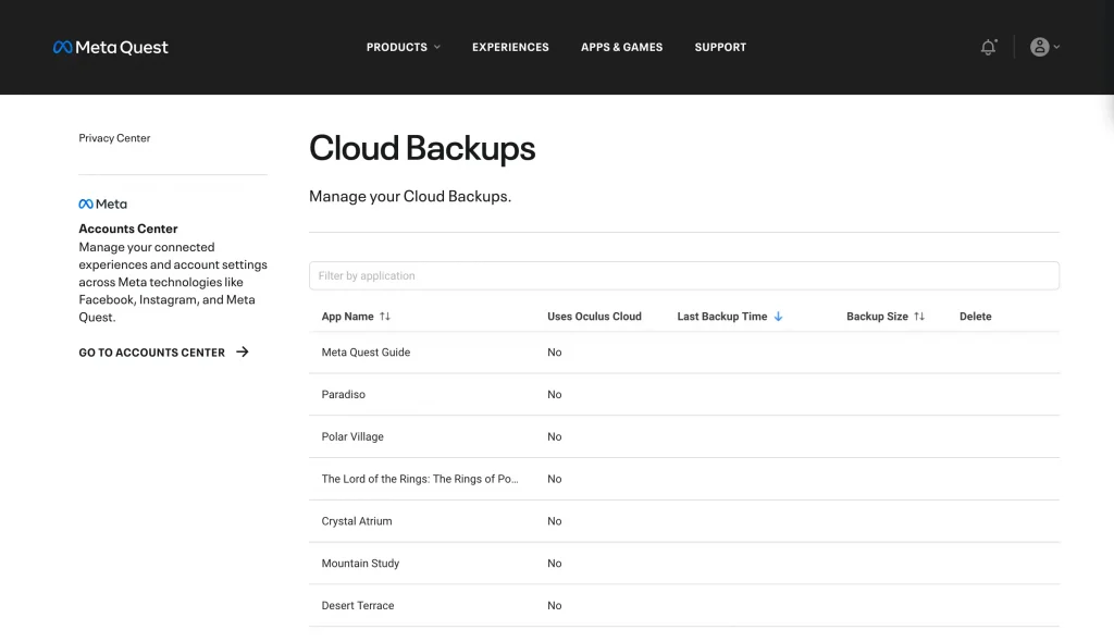 Screenshot of the Oculus Cloud Backup settings page.