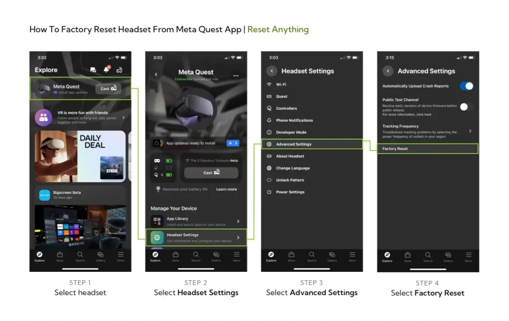 A screenshot of instructions on how to factory reset oculus quest headset