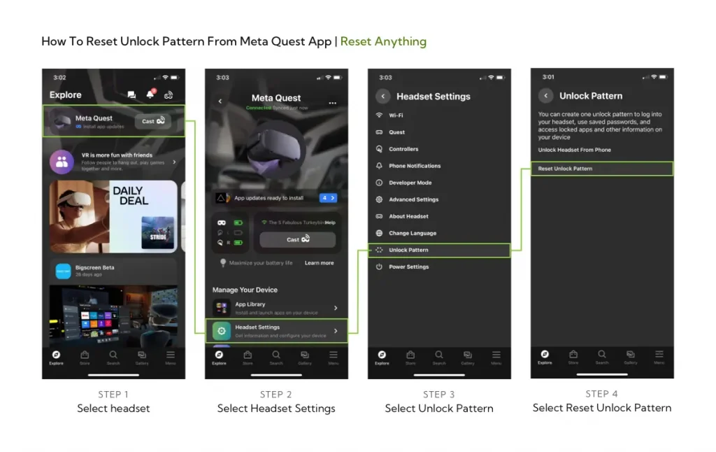 An image showing how to reset unlock pattern from the Meta Quest app.