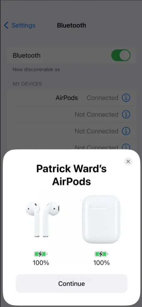 Screenshot showing an iPhone screen with a notification showing the Airpods and case along with battery levels.